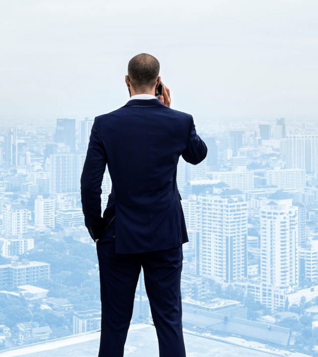 Rear view of a businessman talking on the phone on top of the building